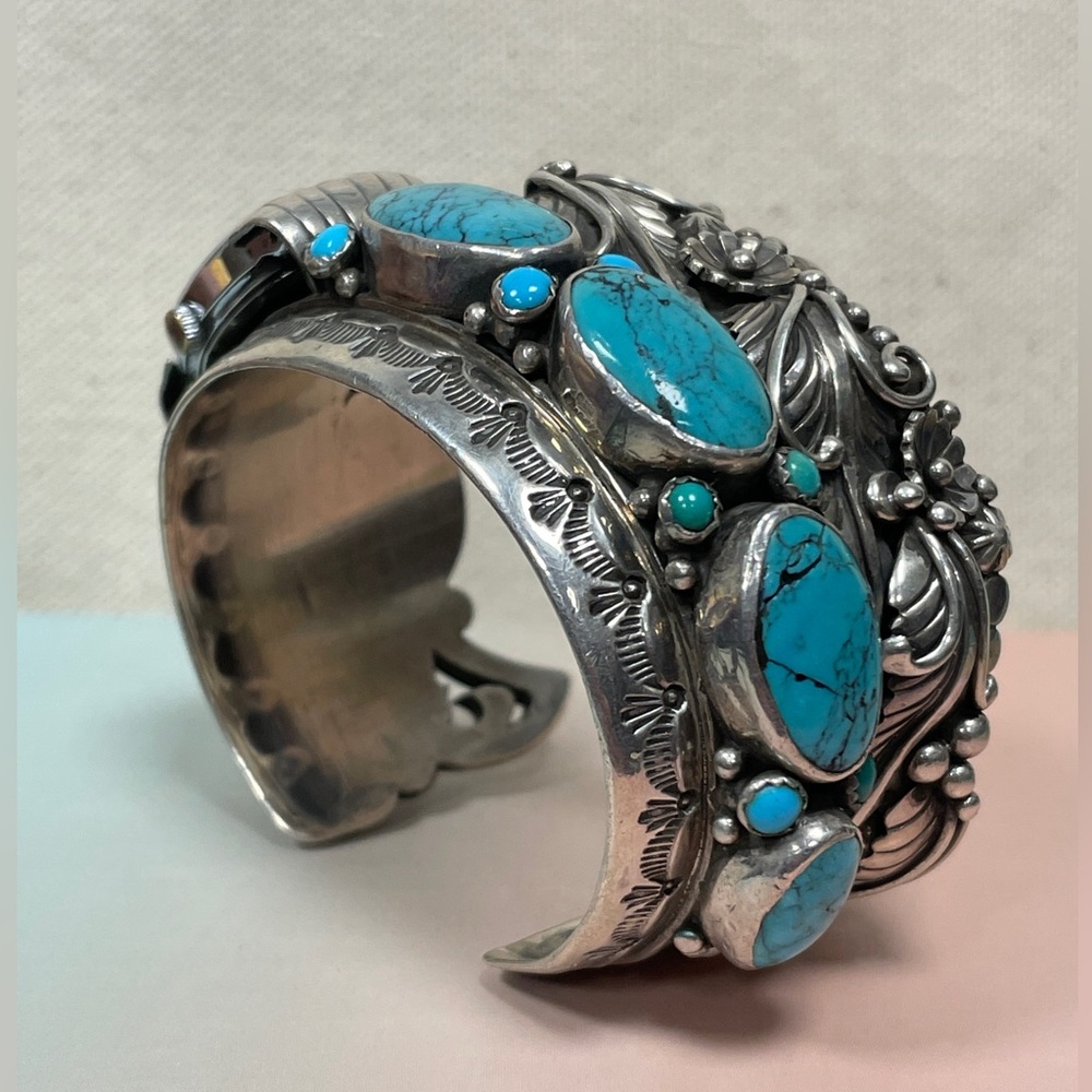 Native American Sterling Silver Turquoise Decorative Bangle Bracelet Watch - Picture 3 of 15